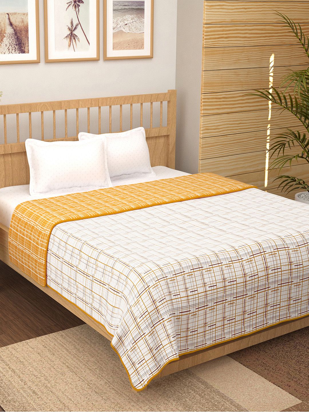 Story@home White & Yellow Printed AC Room 150 GSM Reversible Cotton Double Bed Dohar