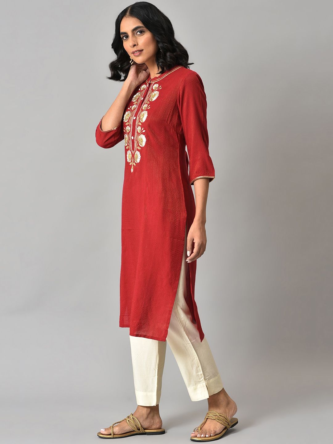 Aurelia Women Red Striped Viscose Kurta Set with Trousers