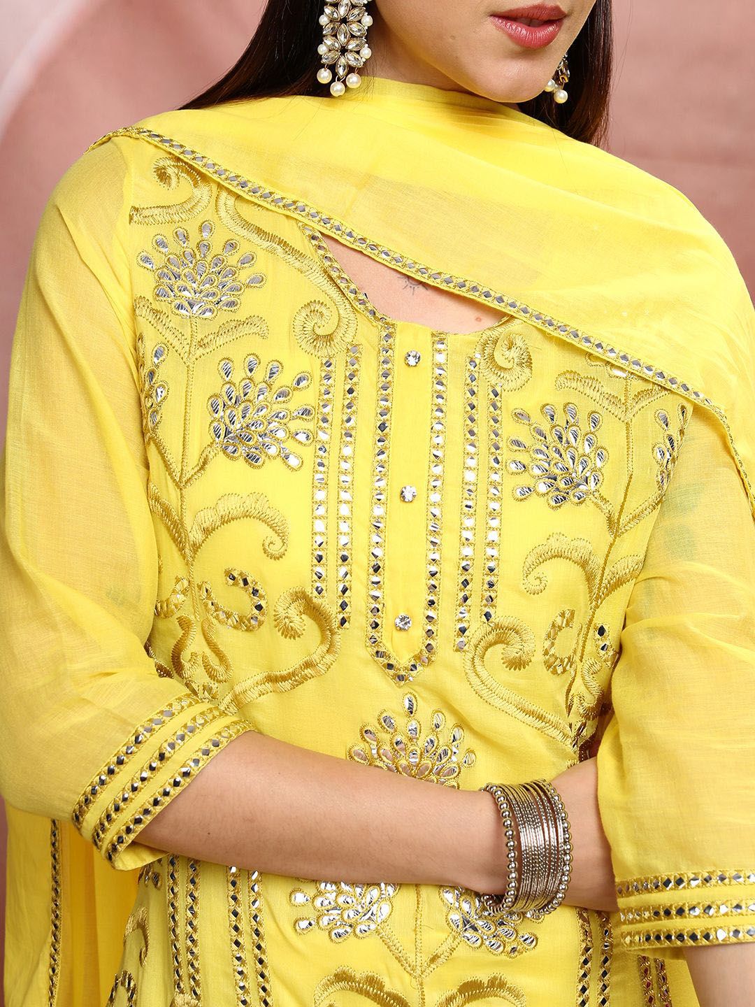 Vishudh Yellow Ethnic Motifs Embroidered Mirror Work Pure Cotton Straight Kurta Set