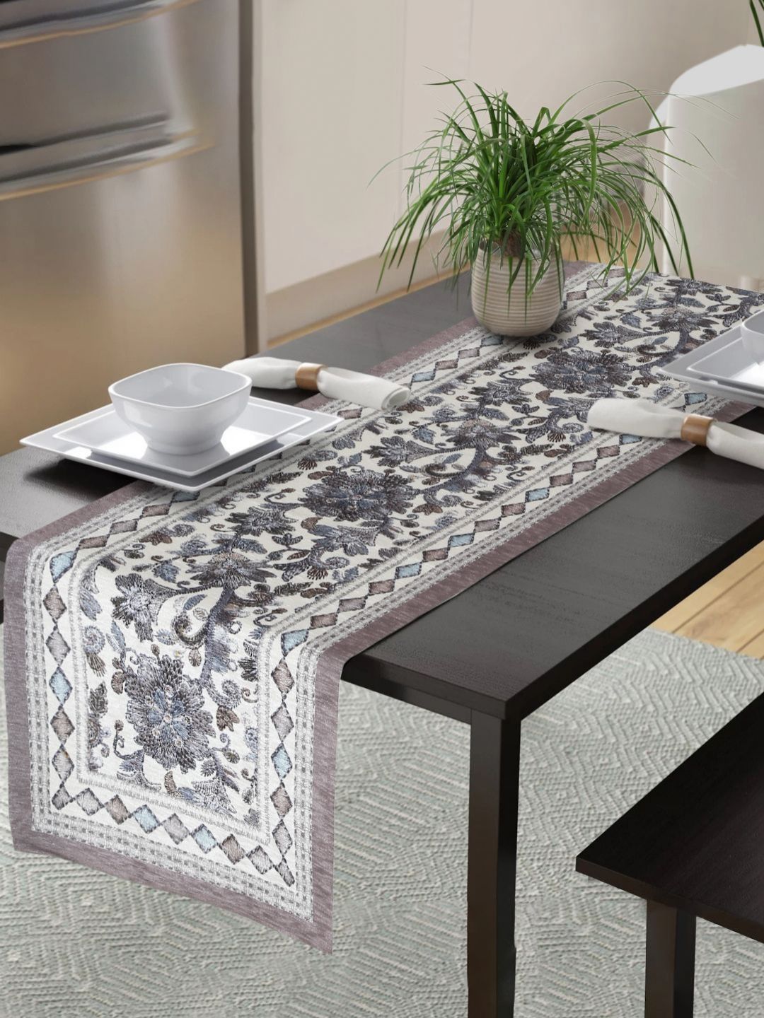 HOSTA HOMES Grey & White Abstract Printed Velvet Table Runner