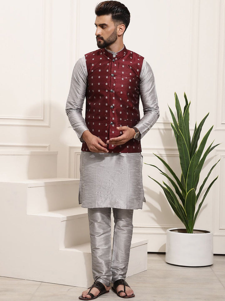 SOJANYA Set Kurta Solid Melange Kelabu Lelaki Dengan Jaket Bercetak
