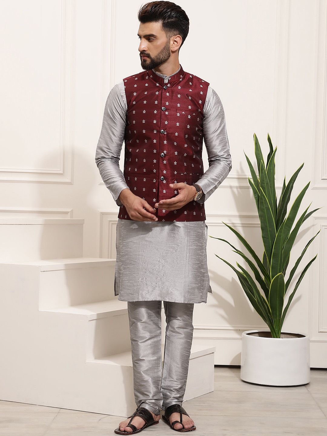 SOJANYA Set Kurta Solid Melange Kelabu Lelaki Dengan Jaket Bercetak
