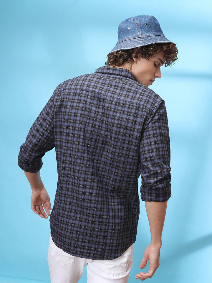 The Indian Garage Co Men Blue & White Slim Fit Checked Pure Cotton Casual Shirt