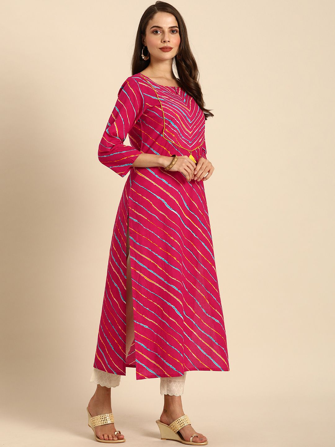 Varanga Women Fuchsia Pink & Yellow Leheriya Printed Kurta