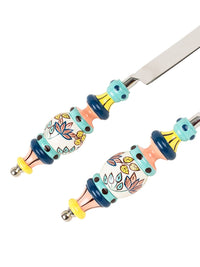 Chumbak Blue & Green Set Of 2 Floral Printed Hand-painted Stainless Steel Cake Server Set