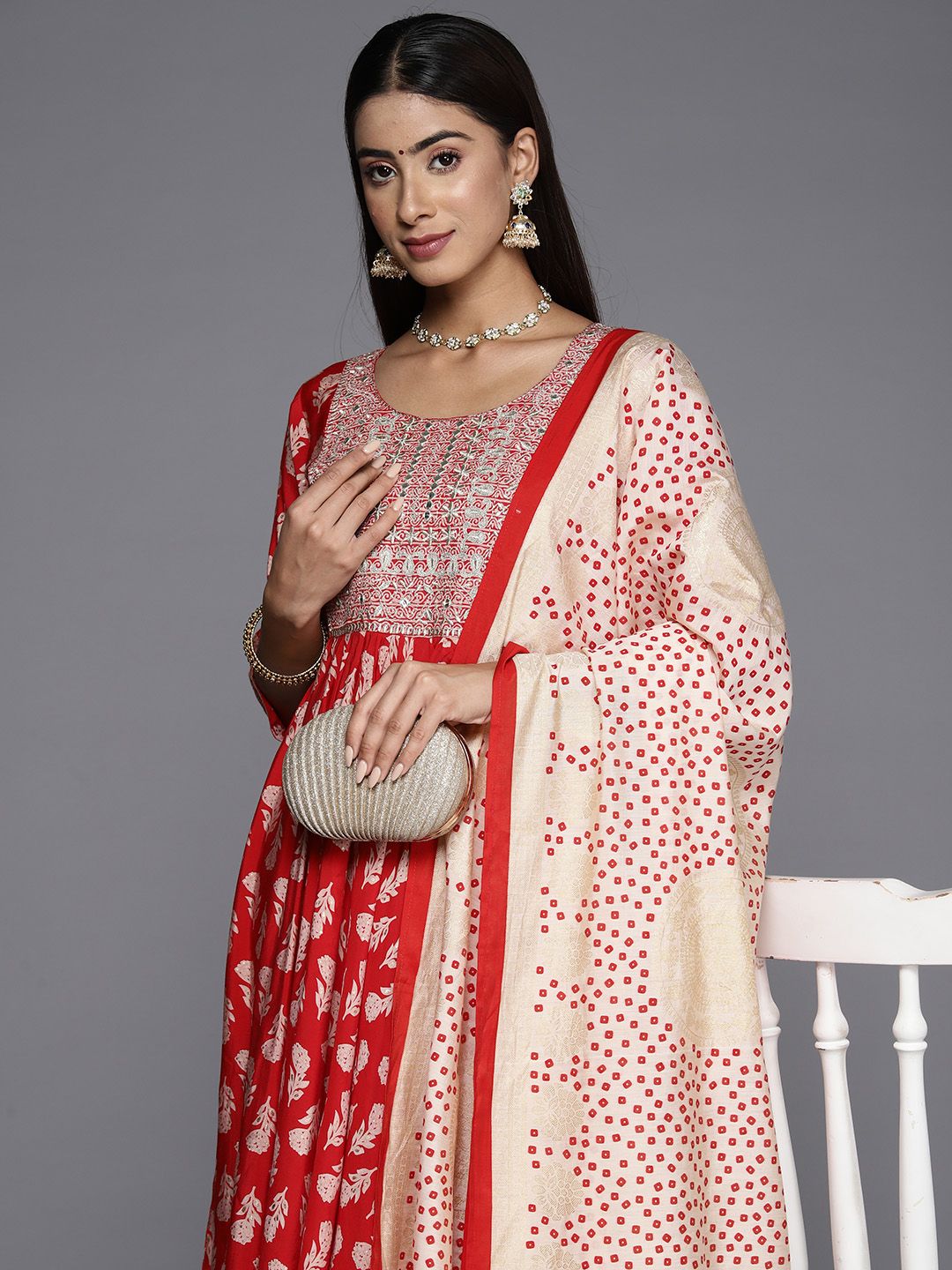 Libas Women Floral Printed Pleated Gotta Patti Kurta with Trousers & With Dupatta
