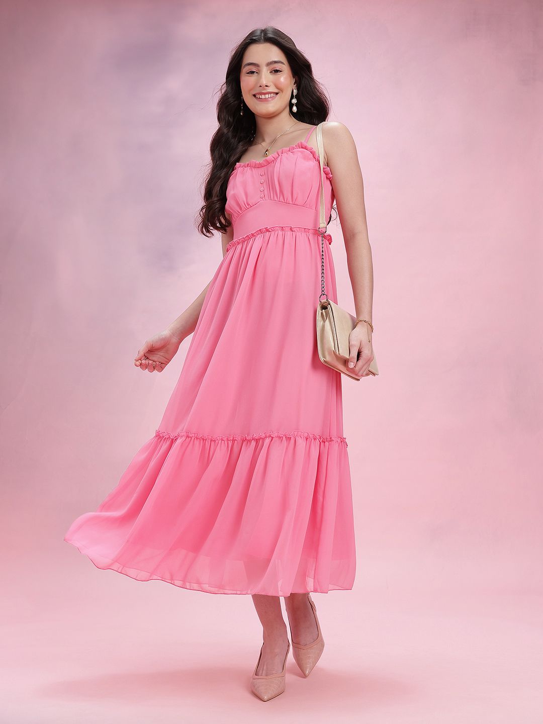 DressBerry Shoulder Straps Pleated Smocked A-Line Midi Dress
