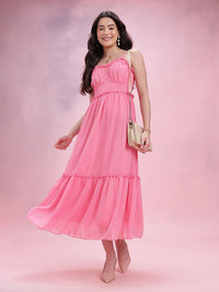 DressBerry Shoulder Straps Pleated Smocked A-Line Midi Dress