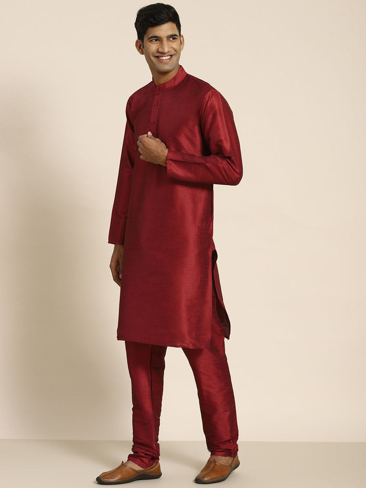 SOJANYA Men Maroon Mirror Work Kurta with Churidar with Nehru Jacket