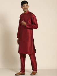 SOJANYA Men Maroon Mirror Work Kurta with Churidar with Nehru Jacket