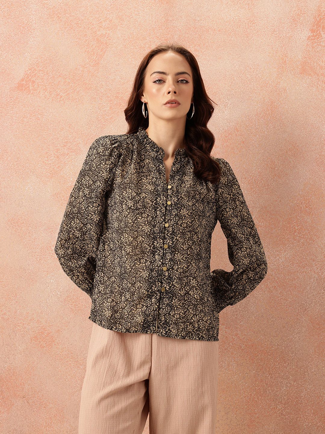 all about you Floral Print Ruffles Detail Georgette Semi-Sheer Button-Down Shirt-Style Top