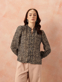 all about you Floral Print Ruffles Detail Georgette Semi-Sheer Button-Down Shirt-Style Top