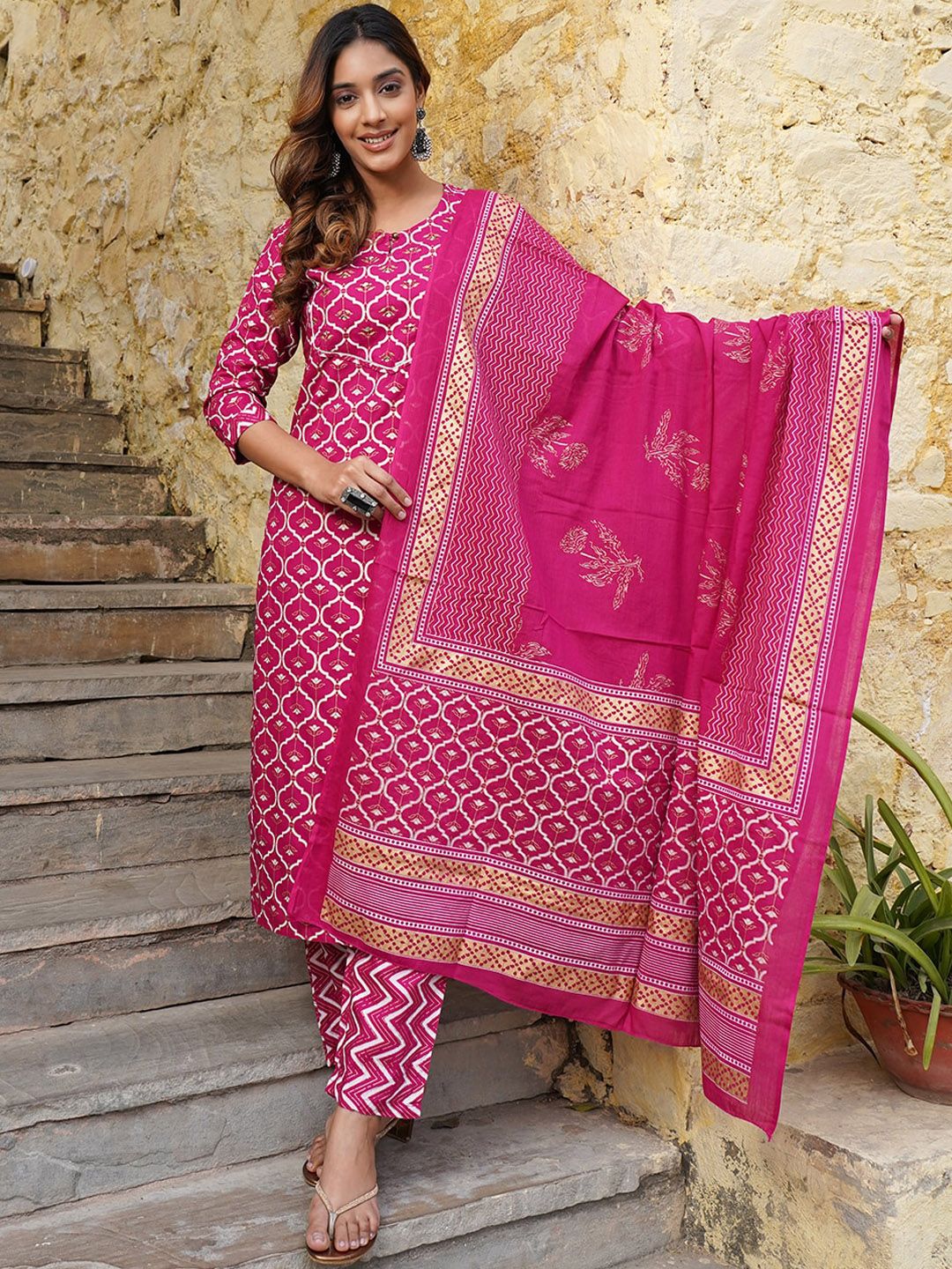 KALINI Keyhole Neck Ethnic Motifs Printed Regular Kurta with Trousers & With Dupatta