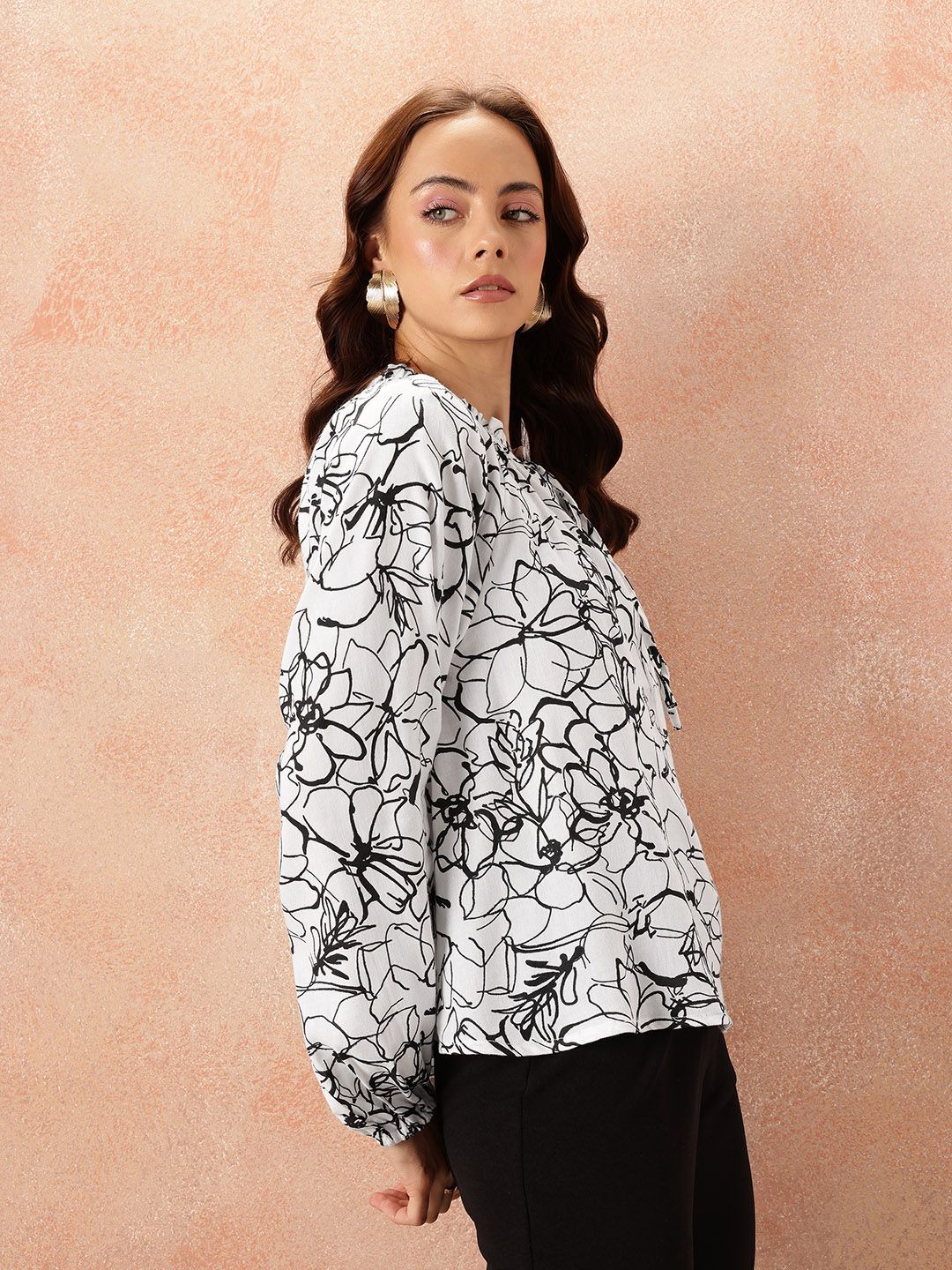 all about you Floral Print Tie-Up Neck Puff Sleeve Top