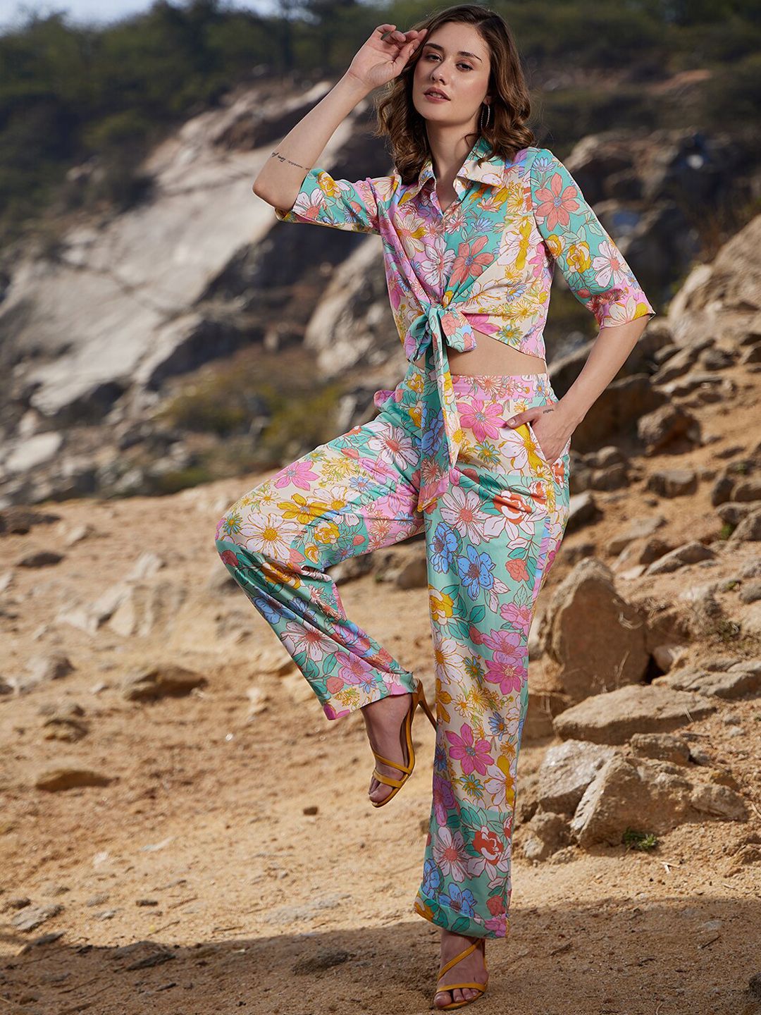Athena Women Floral Printed Front Knot Co-Ord Set