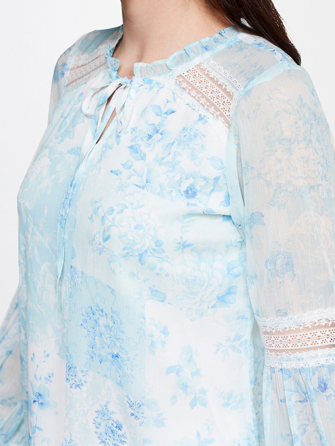 AND Floral Printed Puff Sleeves Tie-Up Neck Top
