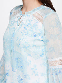 AND Floral Printed Puff Sleeves Tie-Up Neck Top