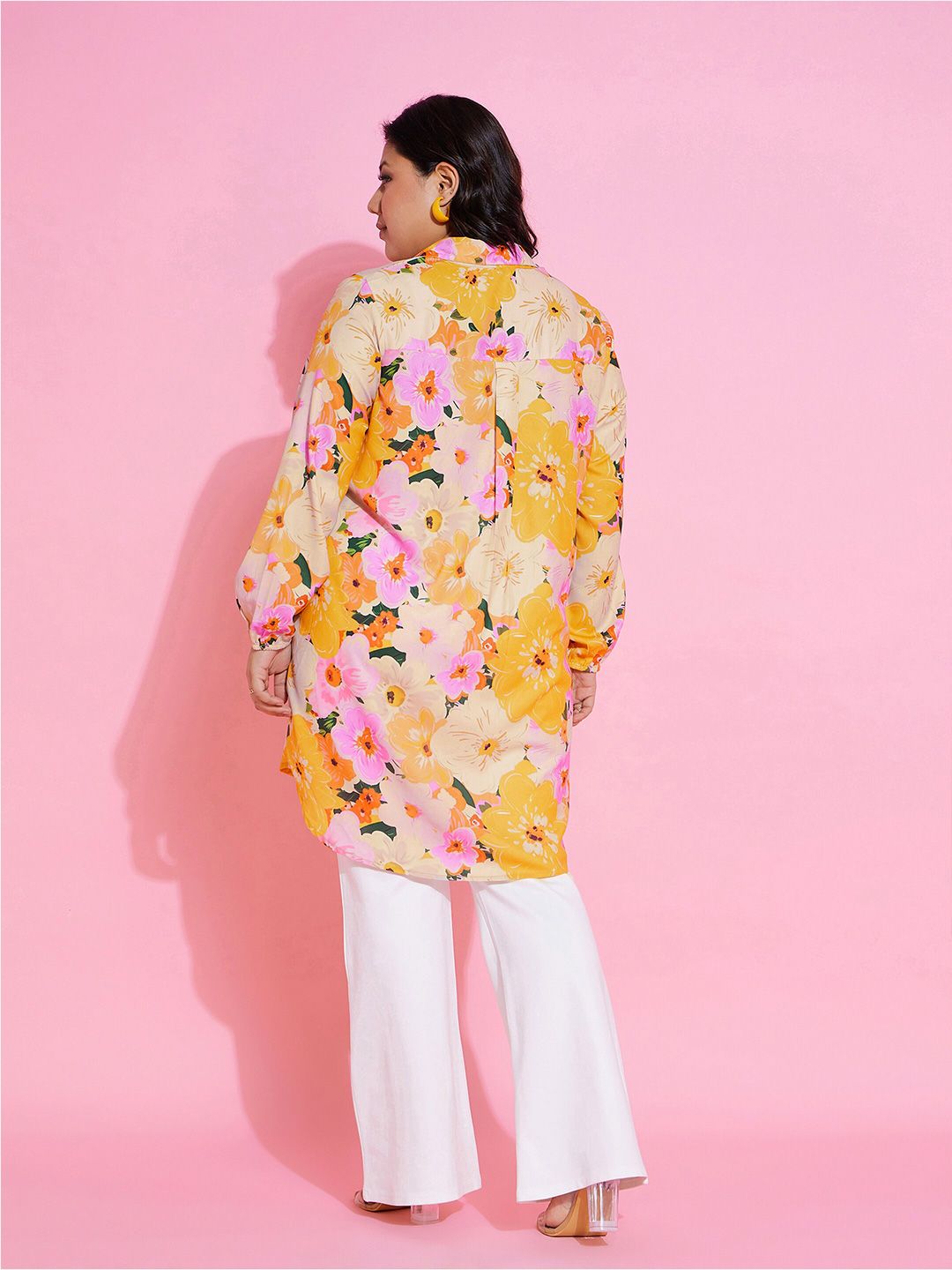 SASSAFRAS Curve Plus Size Floral Printed Comfort Longline Casual Shirt
