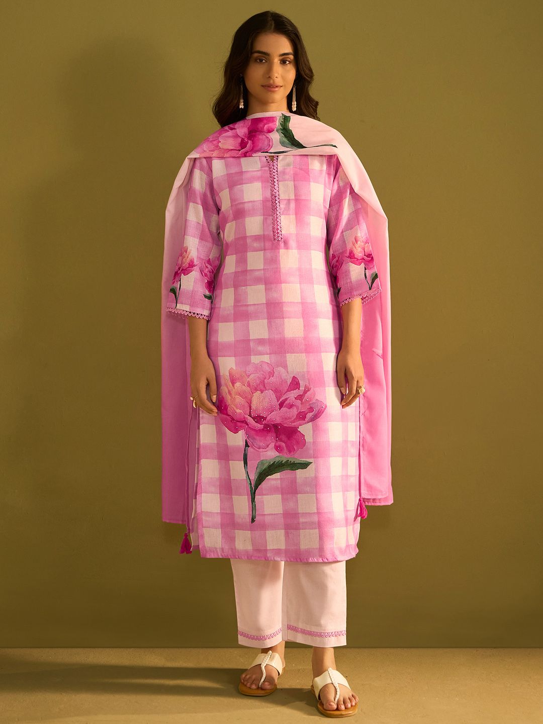 Indo Era Floral Printed Sweetheart Neck Stone Work Linen Kurta With Trouser & Dupattta