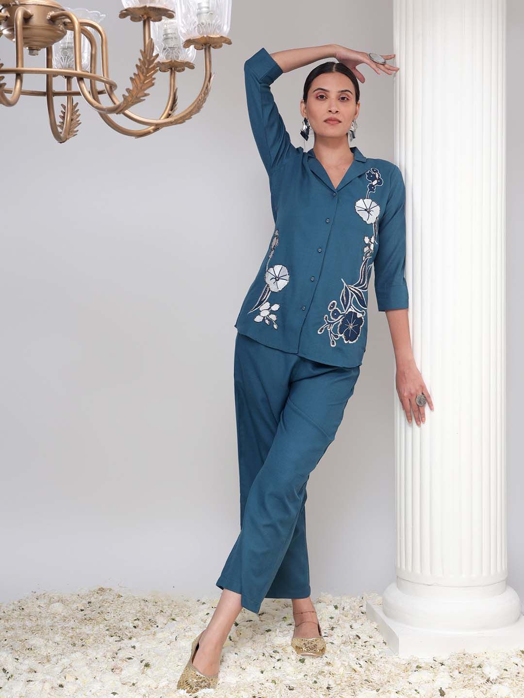 Bani Women Floral Embroidered Shirt & Palazzos Set