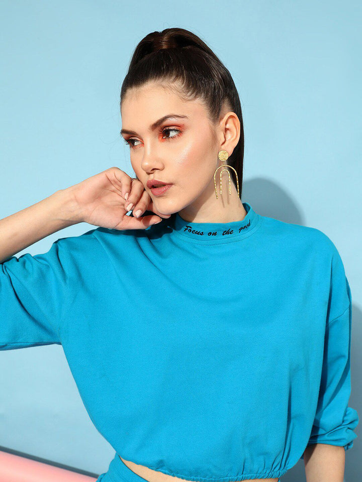 STREET 9 Women Turquoise Blue Cotton Sweatshirt