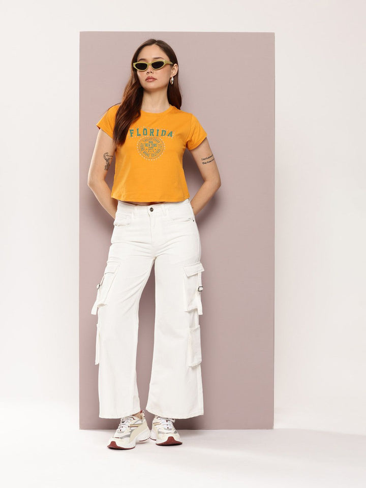 DILLINGER Women's Regular Cropped Stud & Printed Tshirt