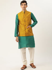 SOJANYA Men Green & Mustard Yellow Ethnic Motifs Kurta with Churidar & Nehru Jacket