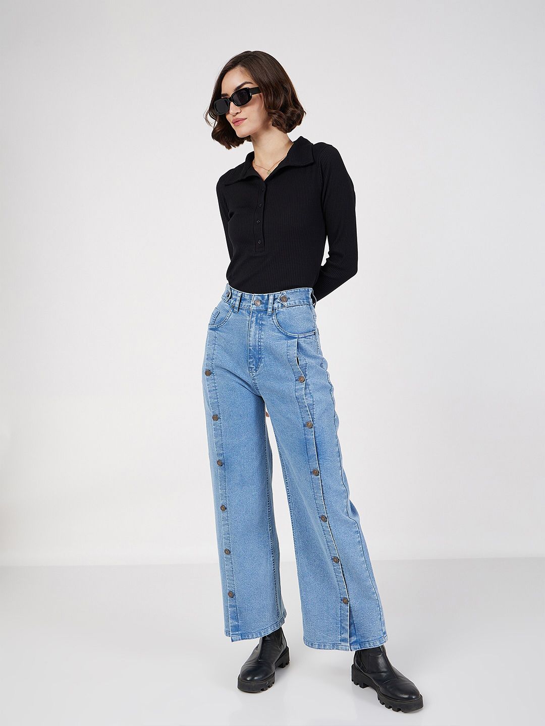 SASSAFRAS Black Ribbed Shirt Collar Fitted Top