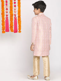 Vastramay Boys Pink & Gold-Coloured Design Brocade Brocade Slim Fit Sherwani Set