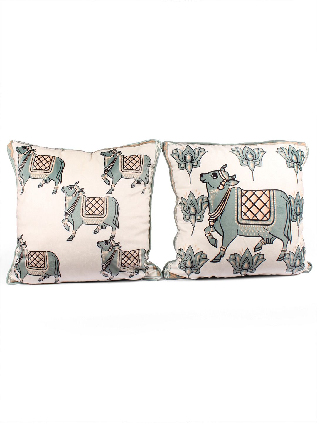 STITCHNEST White & Green 2 Pieces Ethnic Motifs Velvet Square Cushion Covers