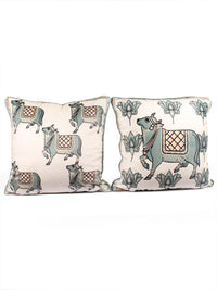 STITCHNEST White & Green 2 Pieces Ethnic Motifs Velvet Square Cushion Covers