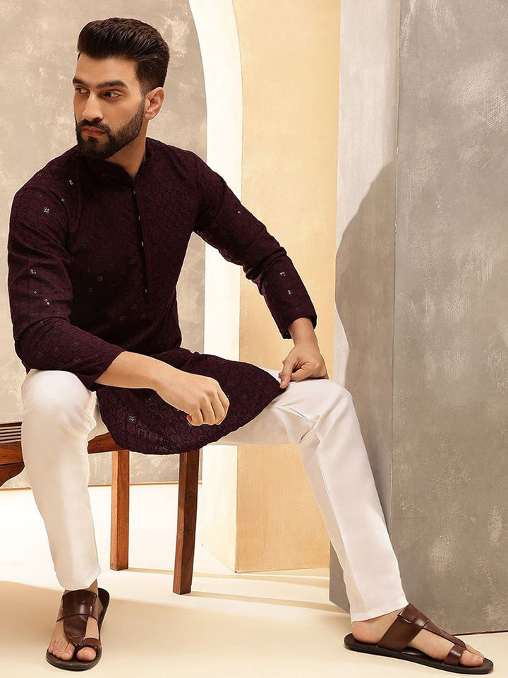 Anouk Burgundy Geometric Embroidered Sequence Mandarin Collar Straight Kurta