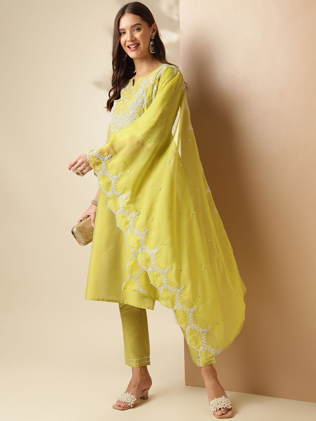 Anouk Floral Embroidered Regular Thread Work Straight Kurta with Trousers & Dupatta