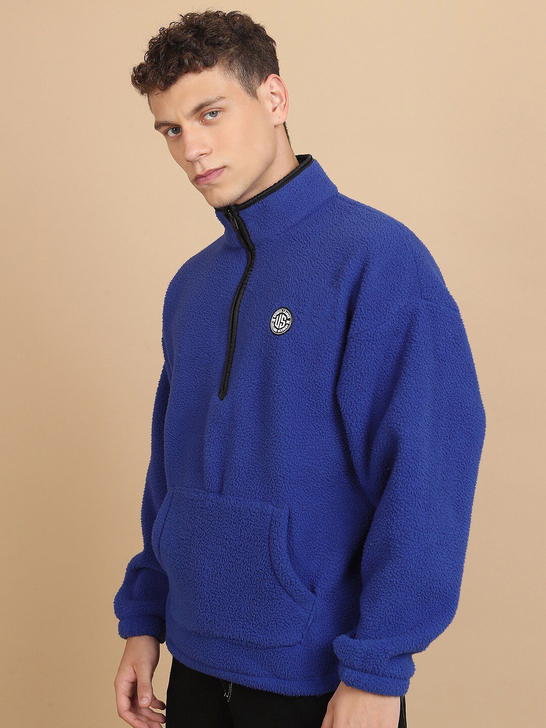 HIGHLANDER High Neck Half Zipper Drop Shoulder Sleeves Oversized Pullover Sweatshirt