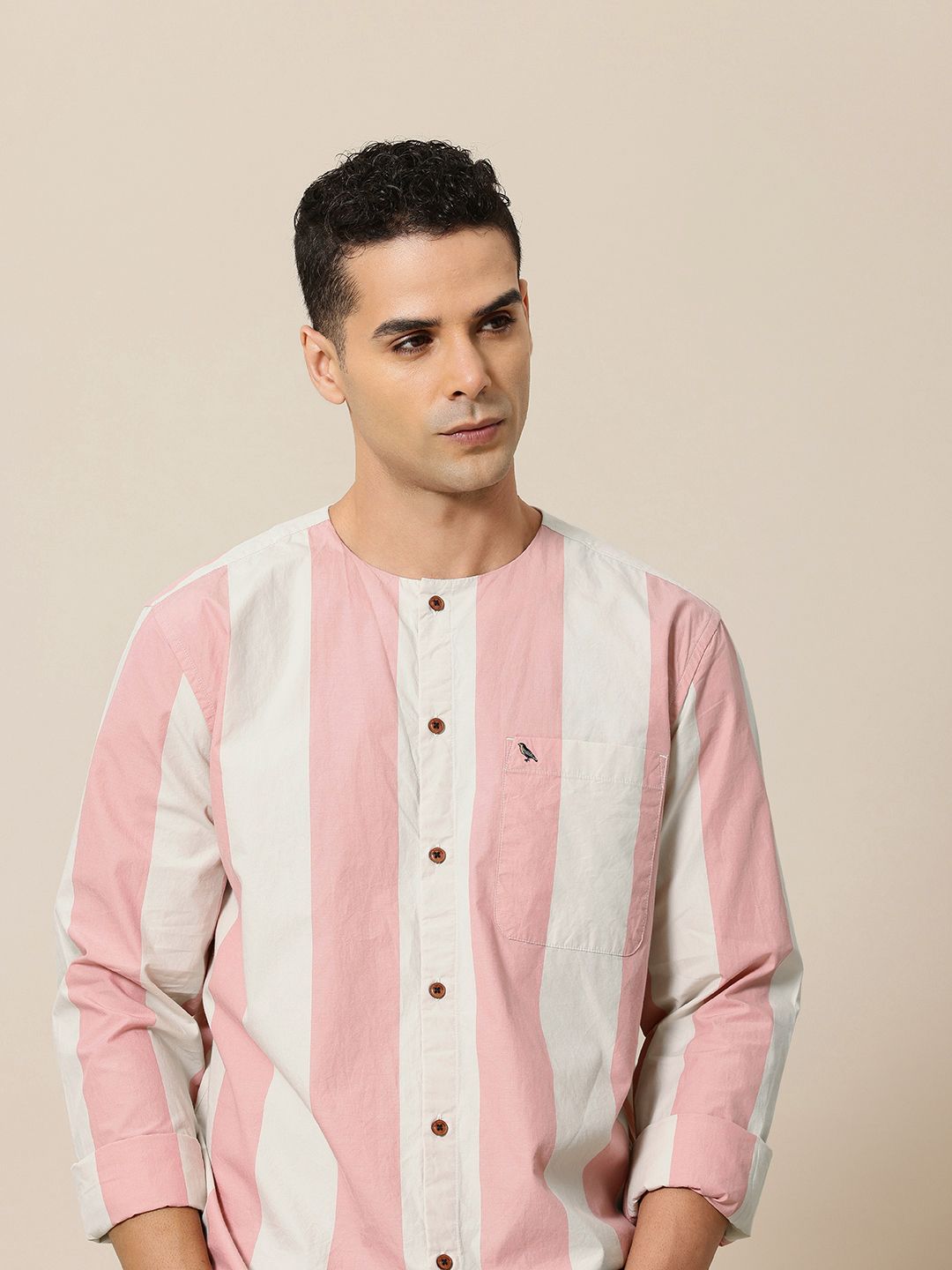 Mr Bowerbird Pure Cotton Collarless Striped Liberal Fit Casual Shirt
