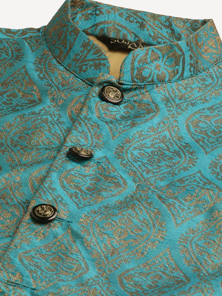 SOJANYA Men Mustard Ethnic Motifs Kurta with Churidar & Nehru Jacket