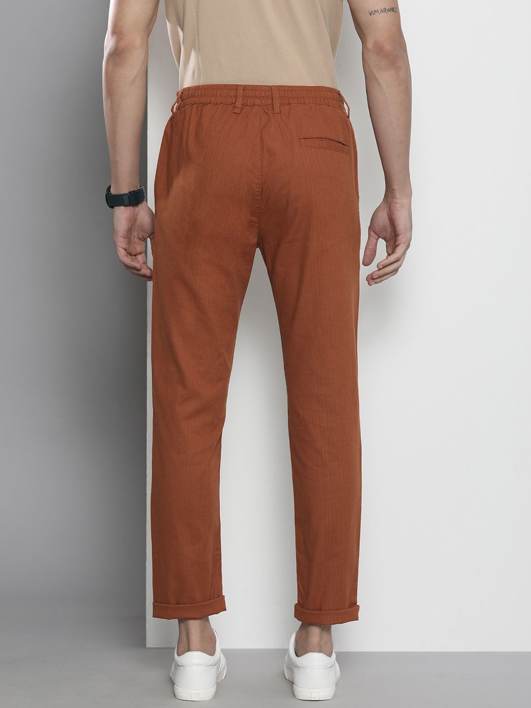 The Indian Garage Co Men Brown Slim Fit Linen Blend Trousers