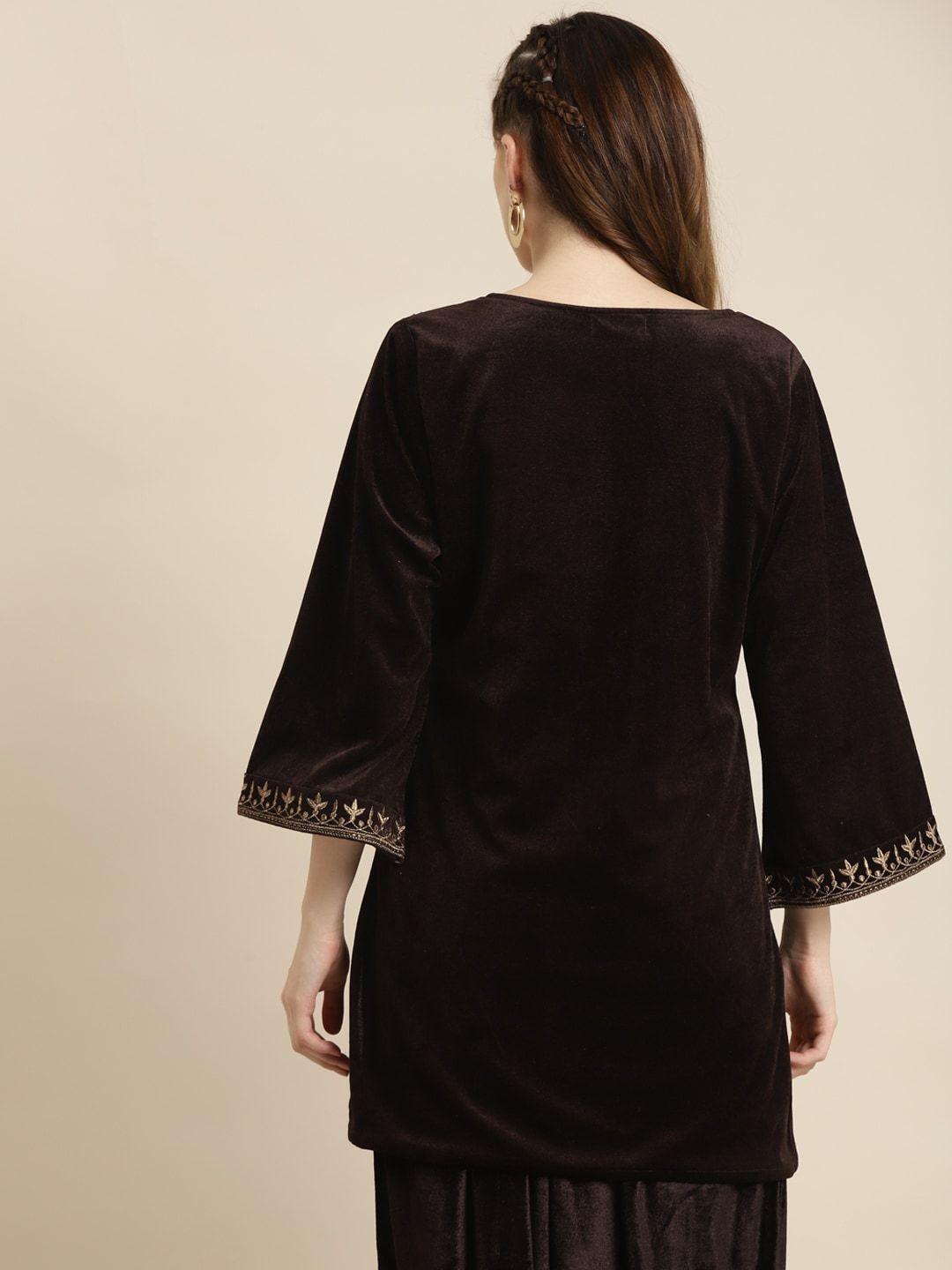 Shae by SASSAFRAS Women Brown & Golden Ethnic Motifs Embroidered Velvet Kurti