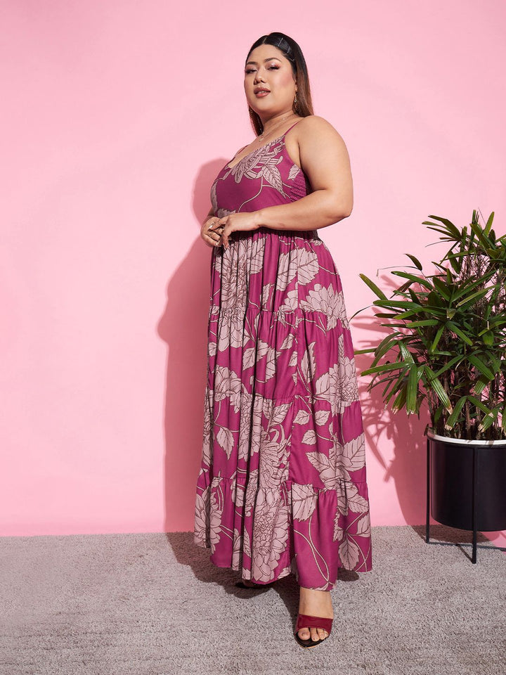 SASSAFRAS Curve Magenta Plus Size Floral Printed Tiered Maxi Dress