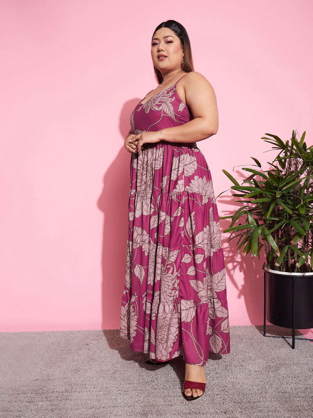 SASSAFRAS Curve Magenta Plus Size Floral Printed Tiered Maxi Dress