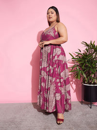 SASSAFRAS Curve Magenta Plus Size Floral Printed Tiered Maxi Dress