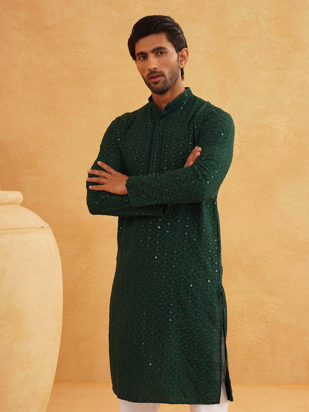 SOJANYA Embroidered Sequinned Pure Cotton Kurta With Churidar