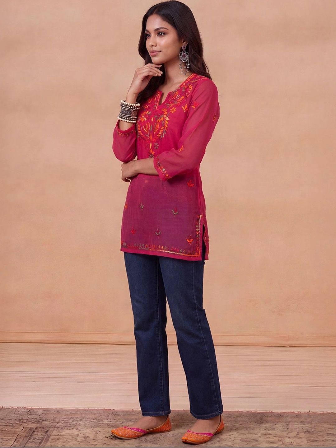 Rumah Wanita Chikankari Kerja Benang Sulam Georgette Kurta