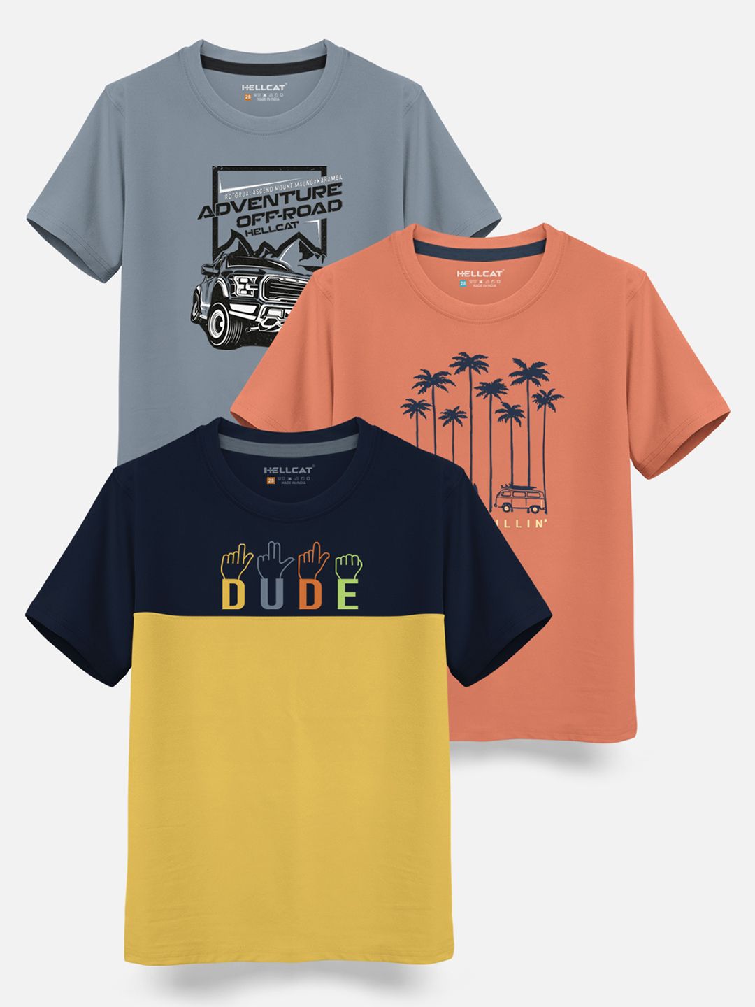 HELLCAT Boys Pack Of 3 Printed Cotton T-shirt