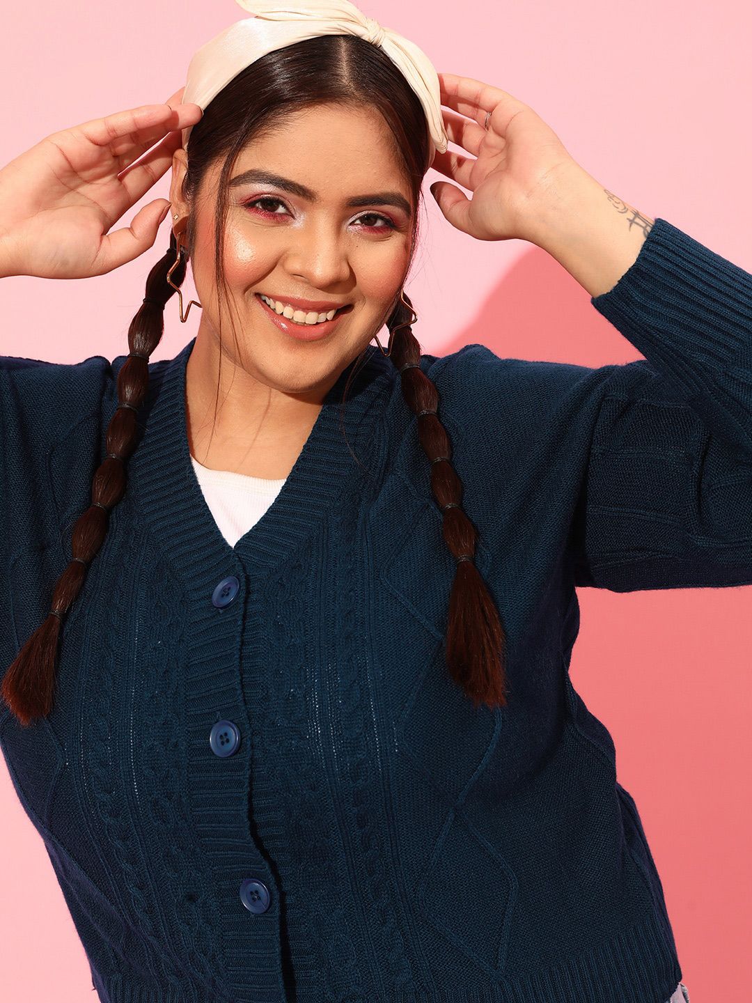 CURVY STREET Plus Size Women Cable Knit Acrylic Cardigan