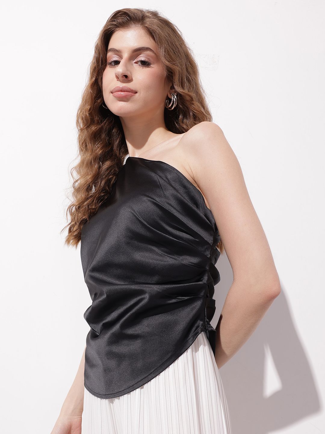DressBerry Sling Thing One-Shoulder Satin Muse Pleated Top
