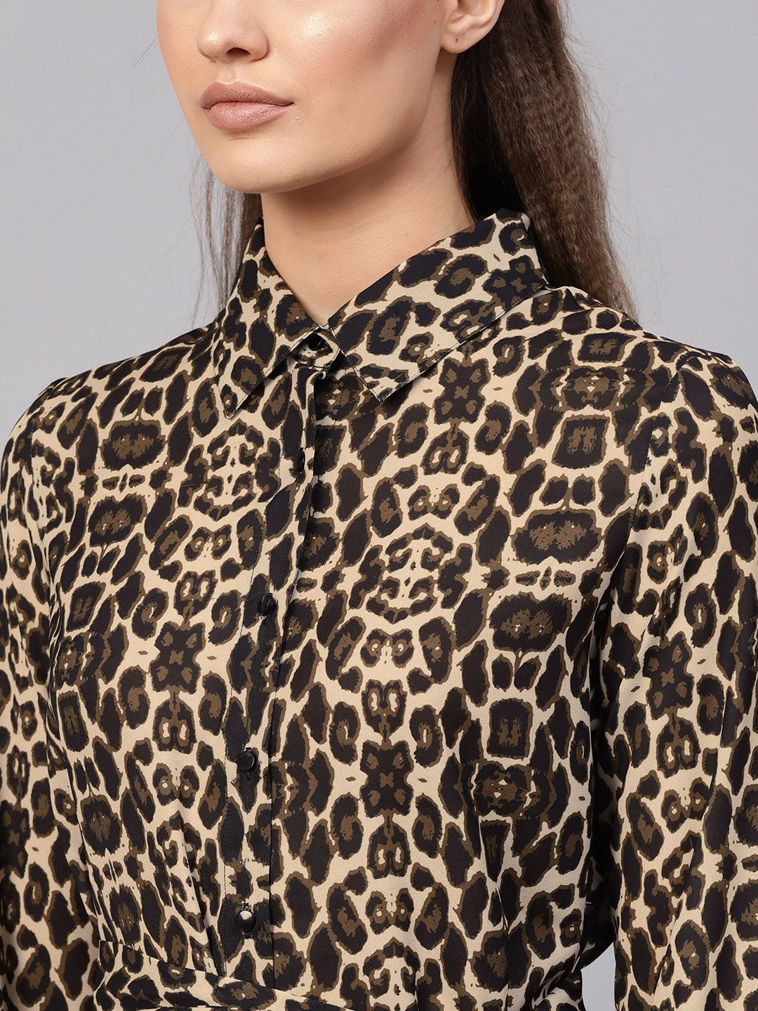SASSAFRAS Black & Beige Animal Print Mini Shirt Dress