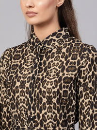 SASSAFRAS Black & Beige Animal Print Mini Shirt Dress