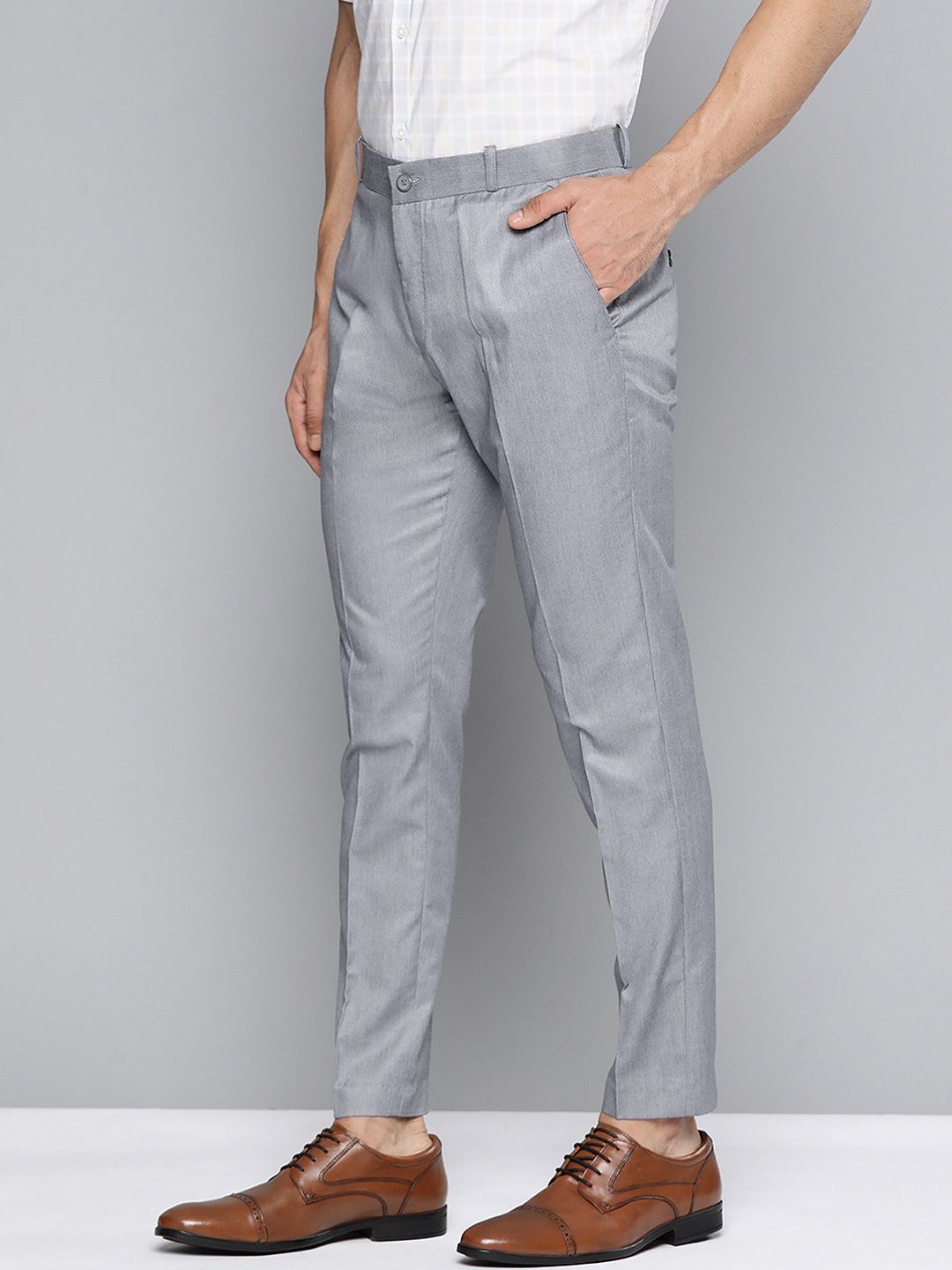 DENNISON Men Grey Smart Tapered Fit Easy Wash Trousers