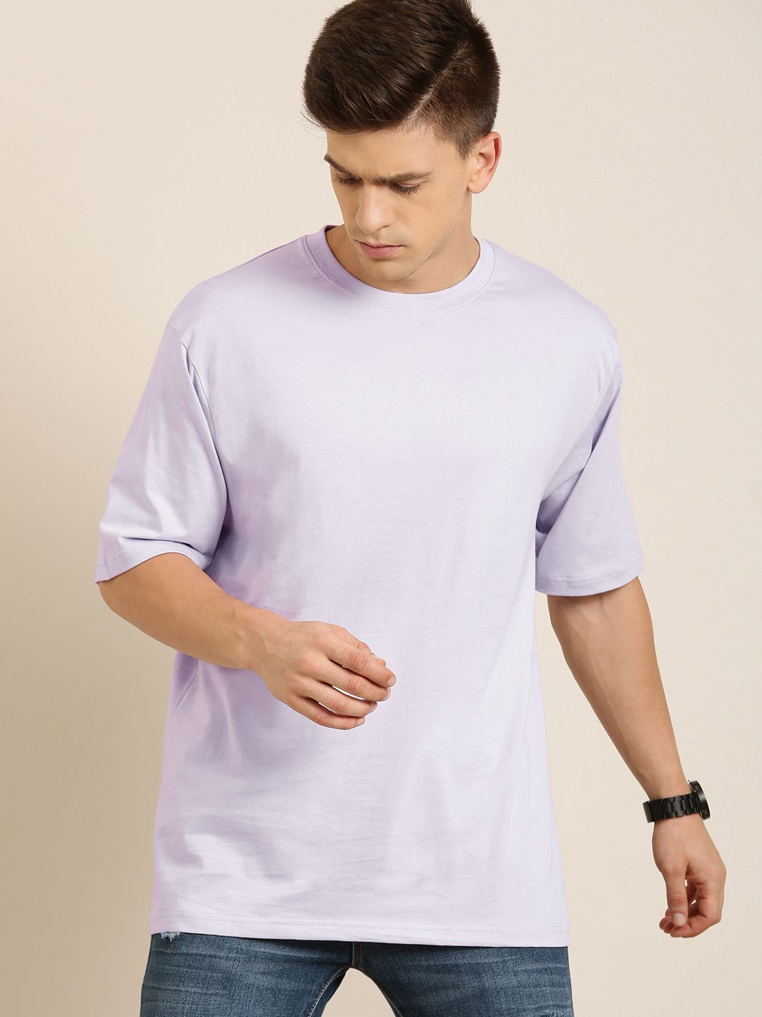 DILLINGER Men Lilac Solid Pure Cotton Drop-Shoulder Sleeves Oversized Fit T-shirt